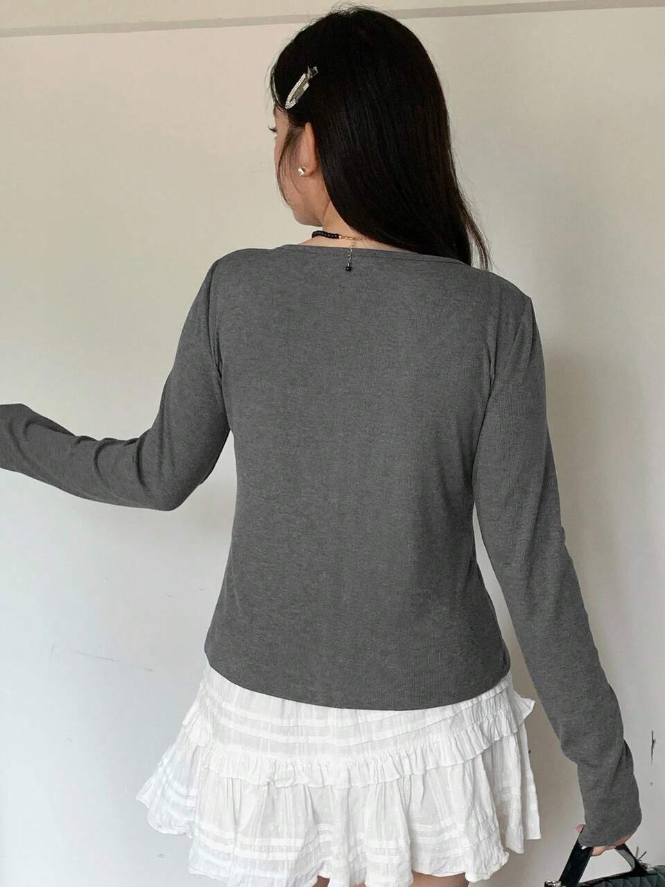 Dazy Plus Contrast Color Patchwork 2 In 1 Lace-Up Long Sleeve T-Shirt, Plus Size Women Autumn Lace Trim Top