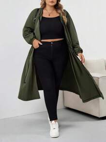 SHEIN CURVE+ 女式纯色抽绳连帽防水长袖风衣加大码连帽夹克加大码雨衣 Curve 秋季夹克 8xl 女装加大码橄榄绿夹克女装秋装、冬季、CURVE PLUS 秋冬 - 軍綠色 - 查看 8