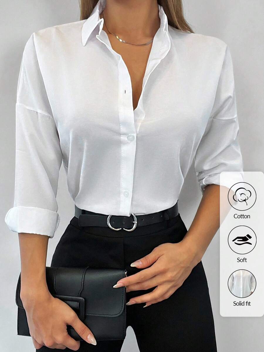 Cottnline 女士休闲纯棉落肩衬衫 - 白色 - 查看 1