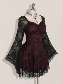 Nezia Cruz Plus Size Square Neck Ruched Lace Flare Sleeve Contrast Color Goth Dress, Y2K Party Dress, Halloween Costume, Witch Vampire Dress - Multicolor - View 4