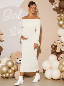 Loomaby Elegant Solid Color Off Shoulder Fitted Maternity Knit Dress,Gender Reveal Dress,Maternity Dress, Baby Shower Dress - Apricot - View 6