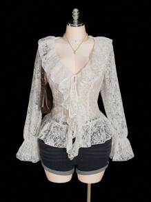 SHEIN ICON 大码女式优雅V领荷叶边蕾丝长袖衬衫，秋季，日期 - 白色 - 查看 1