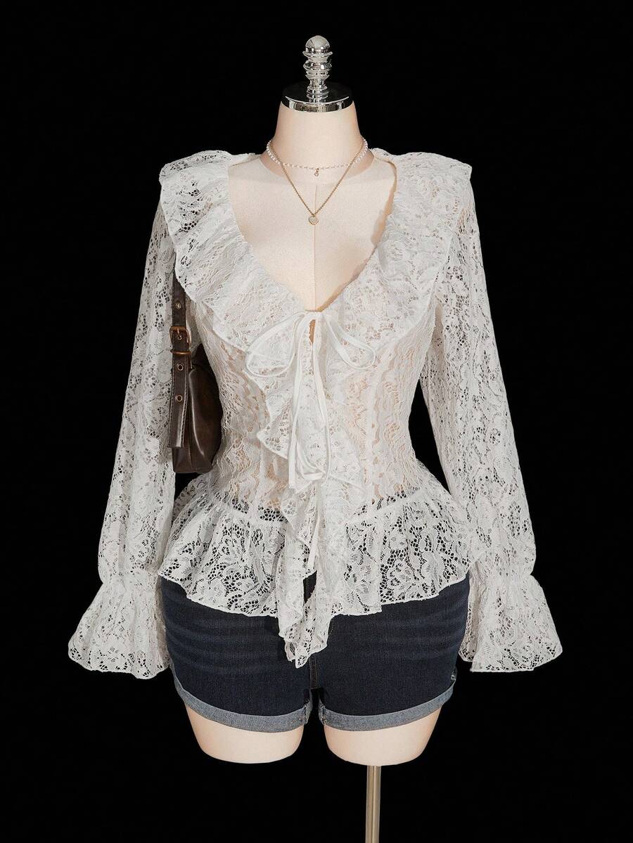 SHEIN ICON 大码女式优雅V领荷叶边蕾丝长袖衬衫，秋季，日期 - 白色 - 查看 1