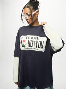 SUMWON WOMEN 双层 Texas Love 印花超大长袖 T 恤新颖图案 T 恤，搭配多层撞色袖子，冬季秋季休闲棉质上衣 - 寶藍色 - 查看 5