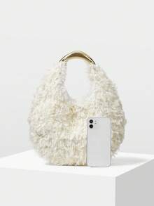 MOTF PREMIUM 女士手提包，毛绒，亮片，优雅，时尚，派对，日常 - 杏色毛 - 查看 4