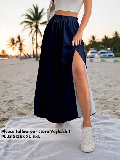 Veykashi 加大码海军蓝休闲开衩裙，适合暑假、海滩、日常休闲、街头风格、返校季