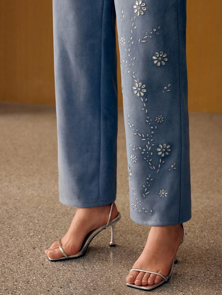 SUEDE SOLID RHINESTONE DETAIL WIDE LEG SUIT PANTS