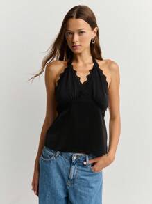 Nöista Top halter sin espalda con borde de encaje de color negro sólido, para verano y salir - Negro - Ver 4