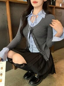 DAZY 女士条纹拼接系带荷叶边修身长袖休闲T恤 - 灰色 - 查看 3