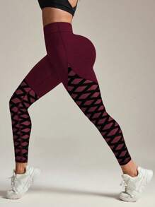 Gameset SHEIN Sport Colanți sport cu talie înaltă, fără cusături, din plasă, model patchwork, pentru yoga - Burgundia - Vizualizare 5