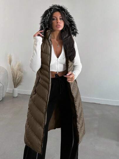 EURMUSE Women's Zipper Front Long Faux Fur Hooded Sleeveless Winter Coat