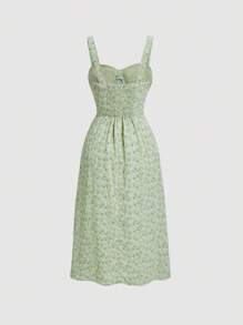 SHEIN MOD Ditsy Floral Print Tie Front  Ruched Bust Valentine Day  Green Cami Dress,Summer Dresses For Women,Tea Party Dress,Pastel Dresses For Women - Pastel Green - View 3