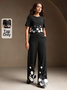 Anewsta Sequin Beaded Party Crop Top, Short Sleeve - Black - View 6