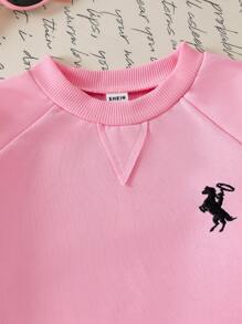 SHEIN Genkimix Kids 2 件套女童休闲套装，插肩袖纯色运动衫和针织裤，粉色 - 粉色 - 查看 3