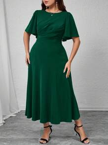 Modelyn Plus Size Women's Solid Color Round Neck Ruffle Short Sleeve Pleated Elegant Dress,Fall Clothes For Women - Dark Green - View 1
