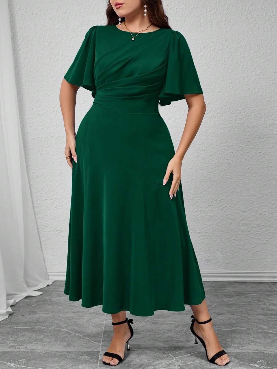 Modelyn Plus Size Women's Solid Color Round Neck Ruffle Short Sleeve Pleated Elegant Dress,Fall Clothes For Women - Dark Green - View 1