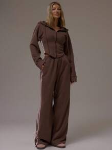 MUSERA Balloon Sleeve Contrast Pipping Cinched Waist Hooded Sweatshirt Casual, Airport, Loungewear, Back To School, Fall  Lounge Winter Spring Summer Vacation - Brown - View 5