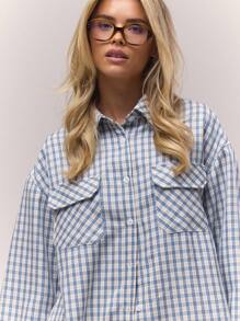 MUSERA 超大格纹前袋纽扣衬衫，复古乡村风，清新甜美，适合冬季休闲穿着，优雅春季款。 - 彩色 - 查看 5