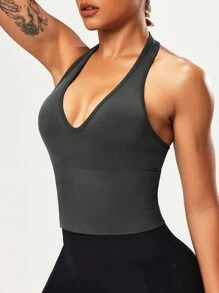 SHEIN Sports Solid Color Halter Neck Fitted Backless Summer Sporty Tank Top - Dark Grey - View 3