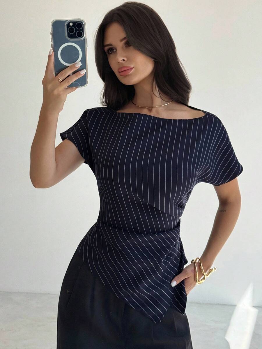 Firerie 休闲优雅格纹不对称下摆衬衫，适合通勤、日常休闲和时尚商务穿着/秋季女装/返校季/女教师/外出上衣/商务休闲女装/条纹衬衫/商务休闲女装/教师衬衫