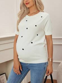 SHEIN 孕妇心形刺绣针织圆领短袖毛衣 - 白色 - 查看 1