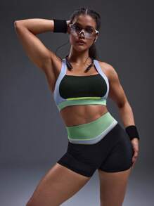 Powerista Contrast Color Patchwork High Waist Seamless Sports Shorts - Black - View 2