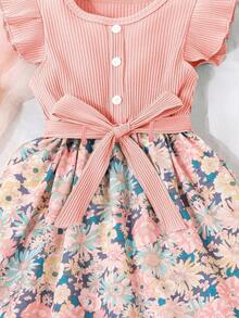 SHEIN Vintaside Kids Vestido estampado floral para niña joven con ribete de volantes y cinturón, y sombrero a juego - Rosa - Ver 5