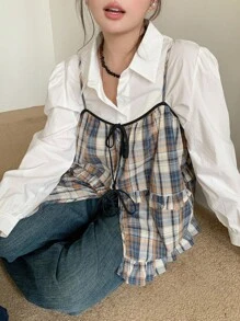 Dazy Plus Plaid Patchwork Bowknot Loose Casual Layered Plus Size Women Camisole And Tank Top - Multicolor - View 1