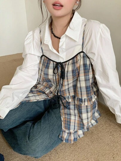 Dazy Plus 格子拼布蝴蝶结宽松休闲分层大码女式吊带背心和背心