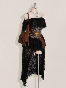 SHEIN ICON Plus Size Off Shoulder Ruffle Lace Tiered Short Front Long Back Dress, Boho, Vacation - Black - View 3
