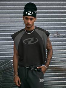 AXEPEAK Camiseta de tirantes suelta con cuello redondo y estampado, en surtido de tallas, para hombre, estilo urbano - Negro - Ver 4