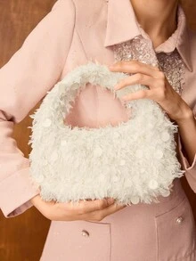 MOTF PREMIUM WOMEN'S FASHION SEQUIN ZIPPER TOP HANDLE BAG, SUITABLE FOR PARTIES - 杏色毛 - 查看 6