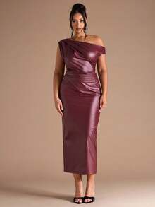 SHEIN BAE Plus Size Women's Burgundy Ruched Asymmetrical Dress /New  Fall Fashion Clothes For Women,Autumn Outfits Women Plus Size ,Wedding Guest Dress Women,Going Out Tops Women,Homecoming Dress - Burgundy - View 4