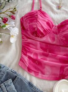 Soleia Damen Große Größen Urlaubs rosafarbenes Mesh geraffte Trägerhemd