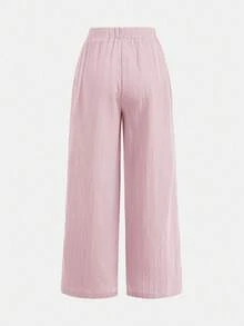 SHEIN Girlism 2pcs Tween Girls' Casual Woven Textured Bow Loose Wide Leg Pants Set, Black + Khaki, Relaxed Holiday Style, Back To School Season, Summer Pants, Drawstring Pants, Loose Pants, Pants For Summer, Wide Leg Summer Pants Fall Winter - Baby Pink - View 8