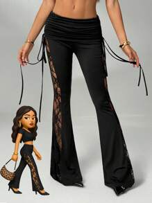 SHEIN Tall Quần ống loe xếp nếp có dây rút eo gợi cảm màu đen cho nữ đi biển - màu đen - Xem 1