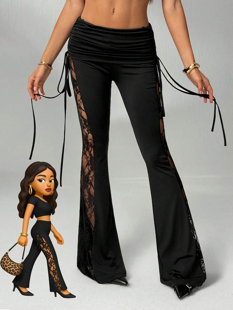 SHEIN Tall Quần ống loe xếp nếp có dây rút eo gợi cảm màu đen cho nữ đi biển - màu đen - Xem 1