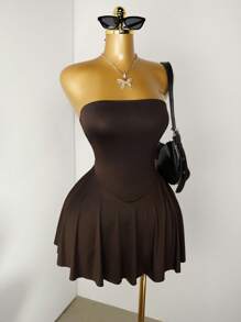 Mistrie Váy Bandeau màu trơn tối giản thời trang mùa hè dành cho nữ - Cà phê nâu - Xem 4