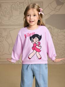 Astro Boy X SHEIN Sweat-shirt-shirt en tricot rose ample à manches longues avec épaules tombantes et motif graphique de personnage de dessin animé mignon pour jeune fille