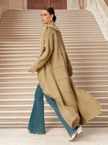 SHEIN Unity Nouveau cardigan poncho tricoté décontracté amincissant, pull ample à franges vêtement d'extérieur pour l'automne/l'hiver - Nude - Voir 1