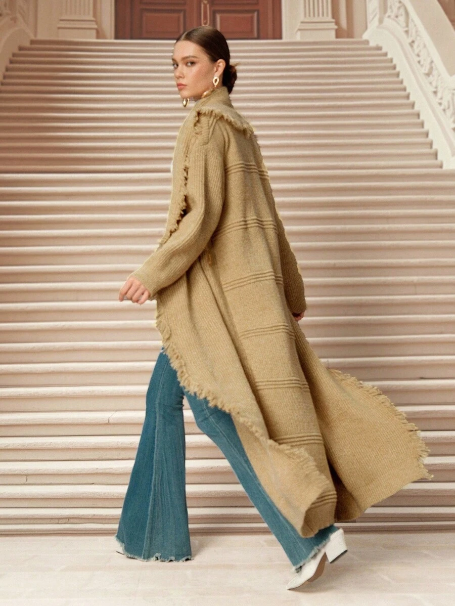 SHEIN Unity Nouveau cardigan poncho tricoté décontracté amincissant, pull ample à franges vêtement d'extérieur pour l'automne/l'hiver - Nude - Voir 1