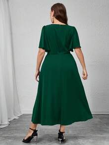 Modelyn Plus Size Women's Solid Color Round Neck Ruffle Short Sleeve Pleated Elegant Dress,Fall Clothes For Women - Dark Green - View 2
