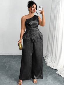 Gownix 2 件大码女式优雅金箔装饰无袖短款上衣和阔腿裤套装 - 黑色 - 查看 6