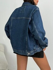 EURMUSE Raw Wash Classic Flap Pocket Ripped Drop Shoulder Denim Jacket Womens Jean Jacket Blue Jean Jacket Oversized Jean Jacket Jean Jacket - Dark Wash - View 1