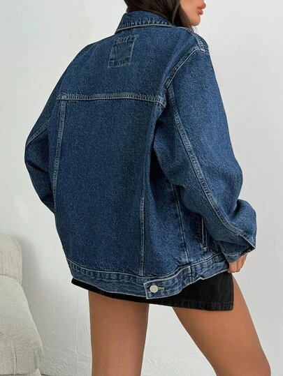EURMUSE Raw Wash Classic Flap Pocket Ripped Drop Shoulder Denim Jacket Womens Jean Jacket Blue Jean Jacket Oversized Jean Jacket Jean Jacket