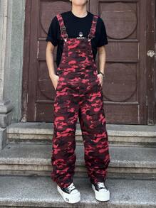 Manfinity Roghcode 男士迷彩图案口袋阔腿宽松休闲牛仔背带裤 - 紅色 - 查看 7