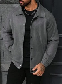 Manfinity Homme Chaqueta casual de ante de un solo pecho de unicolor con mangas raglán para hombre, gris con botones, para otoño/invierno - Gris - Ver 1