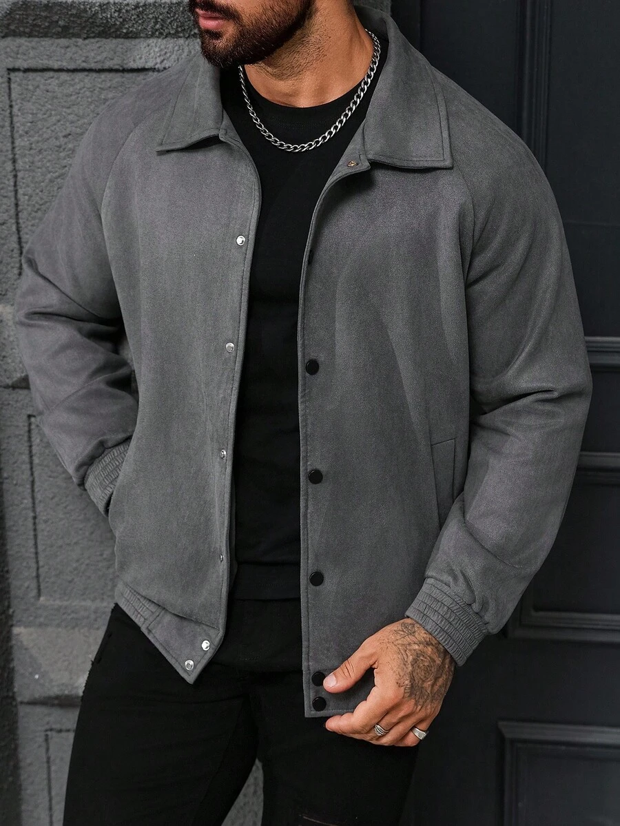Manfinity Homme Chaqueta casual de ante de un solo pecho de unicolor con mangas raglán para hombre, gris con botones, para otoño/invierno - Gris - Ver 1