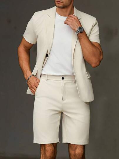 Manfinity Mode 大码男士纯色短袖翻领夹克和短裤西装套装