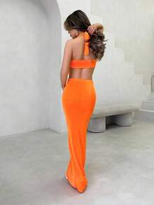 Jemour 女士性感 Crowl 吊带背心 V 领吊带上衣和超长裙两件套，适合俱乐部派对装 - 橘色 - 查看 2
